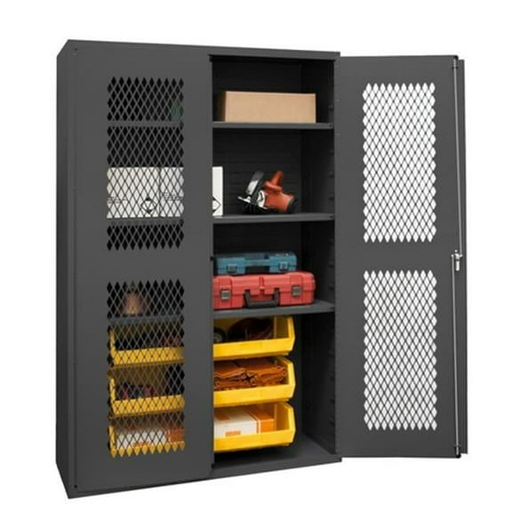 14 Gauge Flush Door Style Lockable Clearview Cabinet with 6 Yellow Hook on Bins & 3 Adjustable Shelves, Gray - 48 in.
