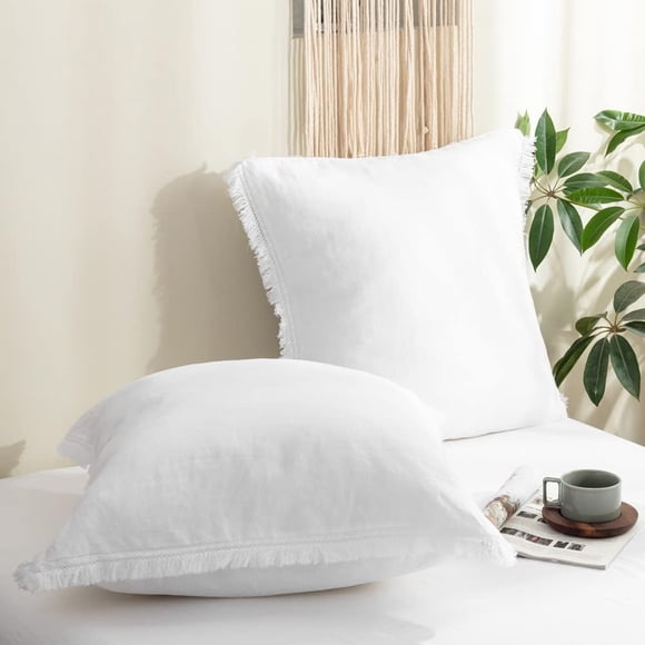 Simple&Opulence 100% Linen Euro Sham Pillow Covers Belgian Flax-Set of 2, Decorative Pillow Cover with Tassels, Boho Shabby Chic