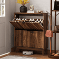 thumbnail image 2 of Smuxee Shoe Storage Cabinet for Entryway with 2 Flip Drawers Walnut Wave 31.5''W Freestanding Wood Hidden Shoe Organizer with Legs for Heels, Boots, Slippers, 2 of 6