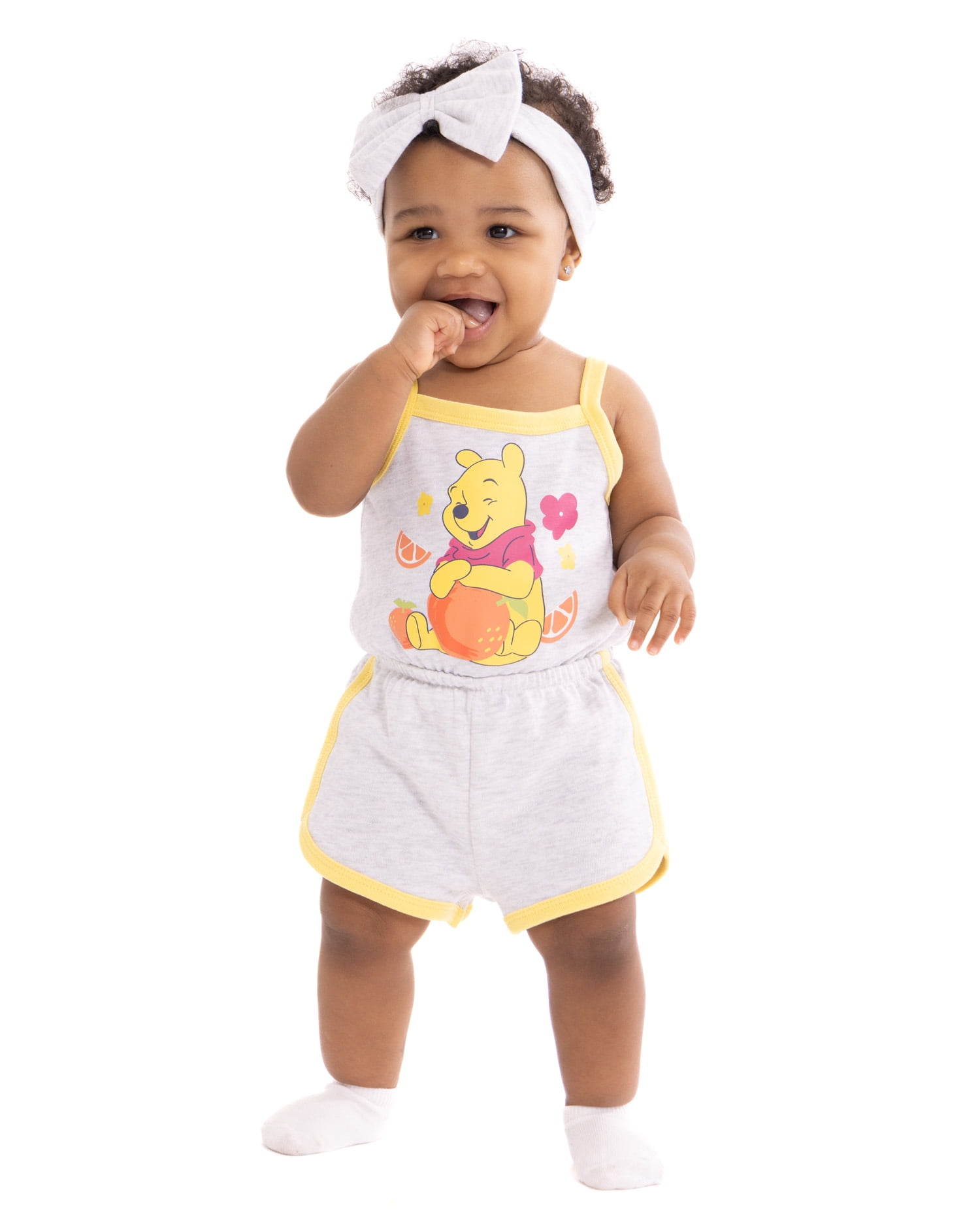 Winnie the Pooh Baby Girls Sleeveless Graphic Romper with Matching Bow Headband, Sizes 0/3M-24M