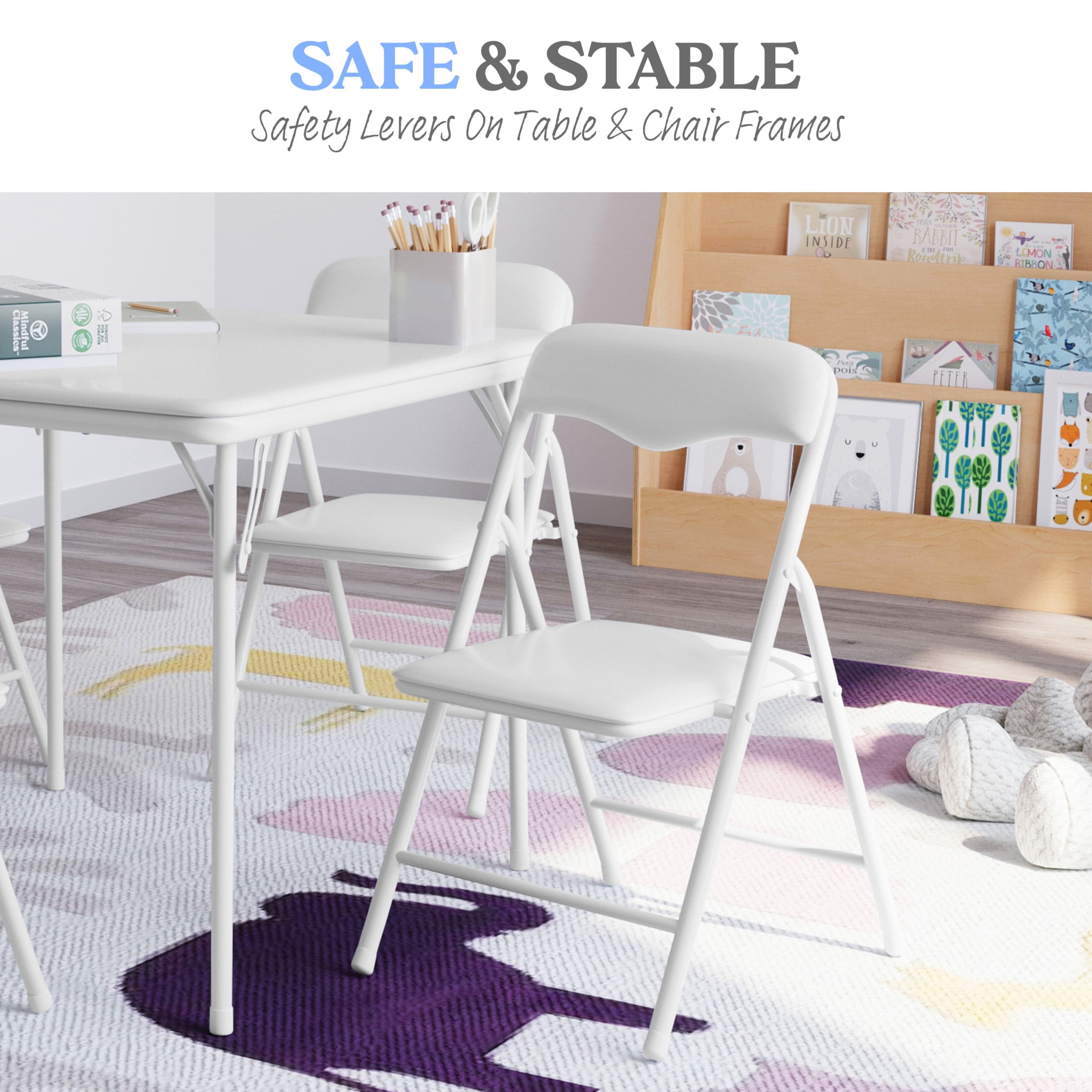 Emma + Oliver 5 Piece Kids Folding Table and Chair Set with White Vinyl Tabletop, Backrest and Seat