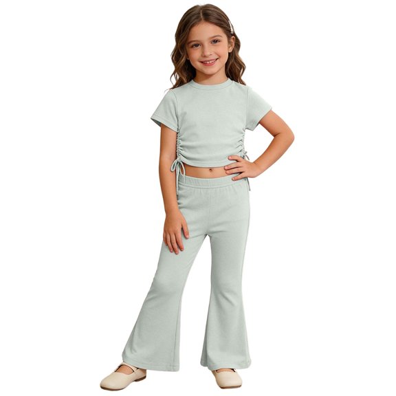Casual Suit for Girls Elastic Short Sleeve Top Flared Pants Two Piece Boys and Girls Outfits,Light Green,Size 3 -4 Years