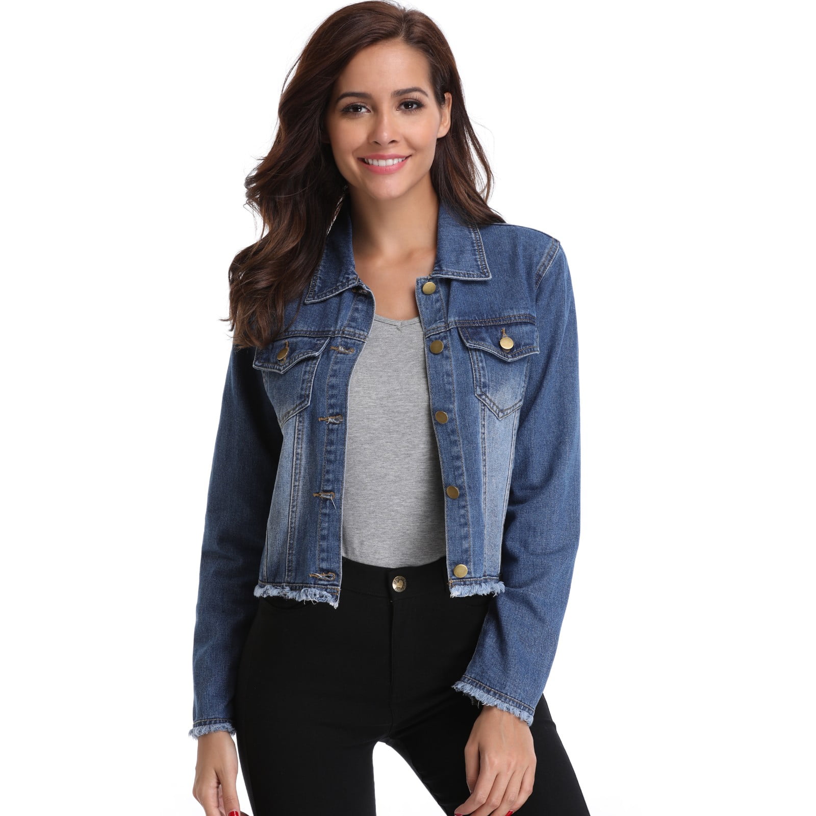 Miss Moly Womens Frayed Denim Washed Crop Jean Jacket w 2 Chest Flap Pockets