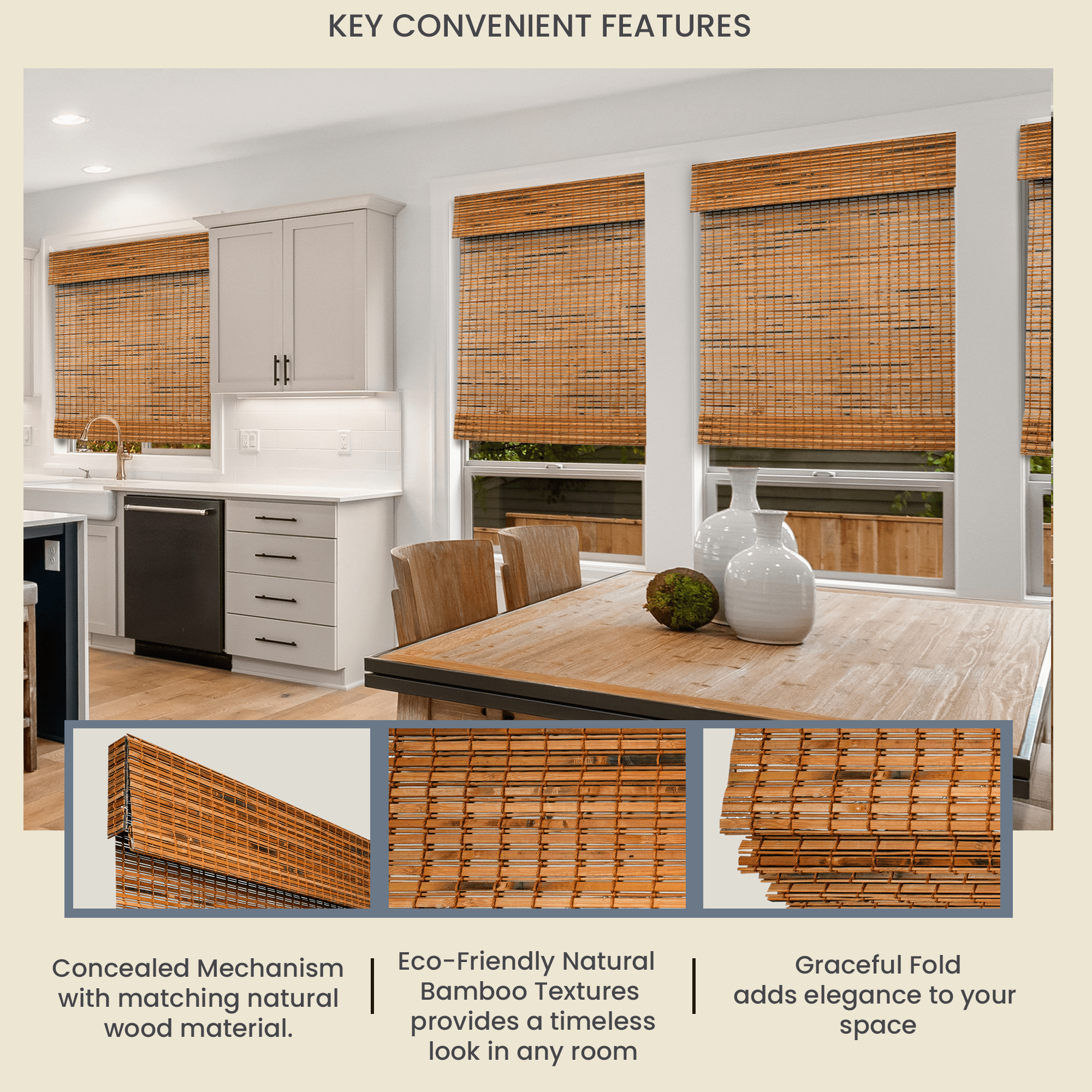 Natural Woven Light Filtering Cordless Bamboo Roman Shades for Windows, 46 in. W x 36 in. L, Salem