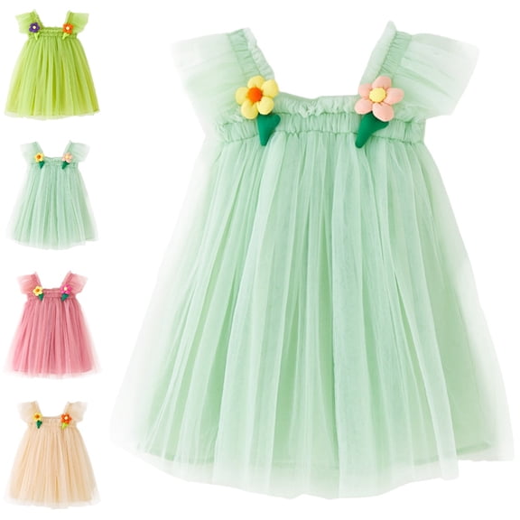 Bmisegm Toddler Dress Holiday Flutter Sleeve Spaghetti Strap Dress Smocked Bodice 3D Flower Flowy Skirt Kids Dress 18-24 Months