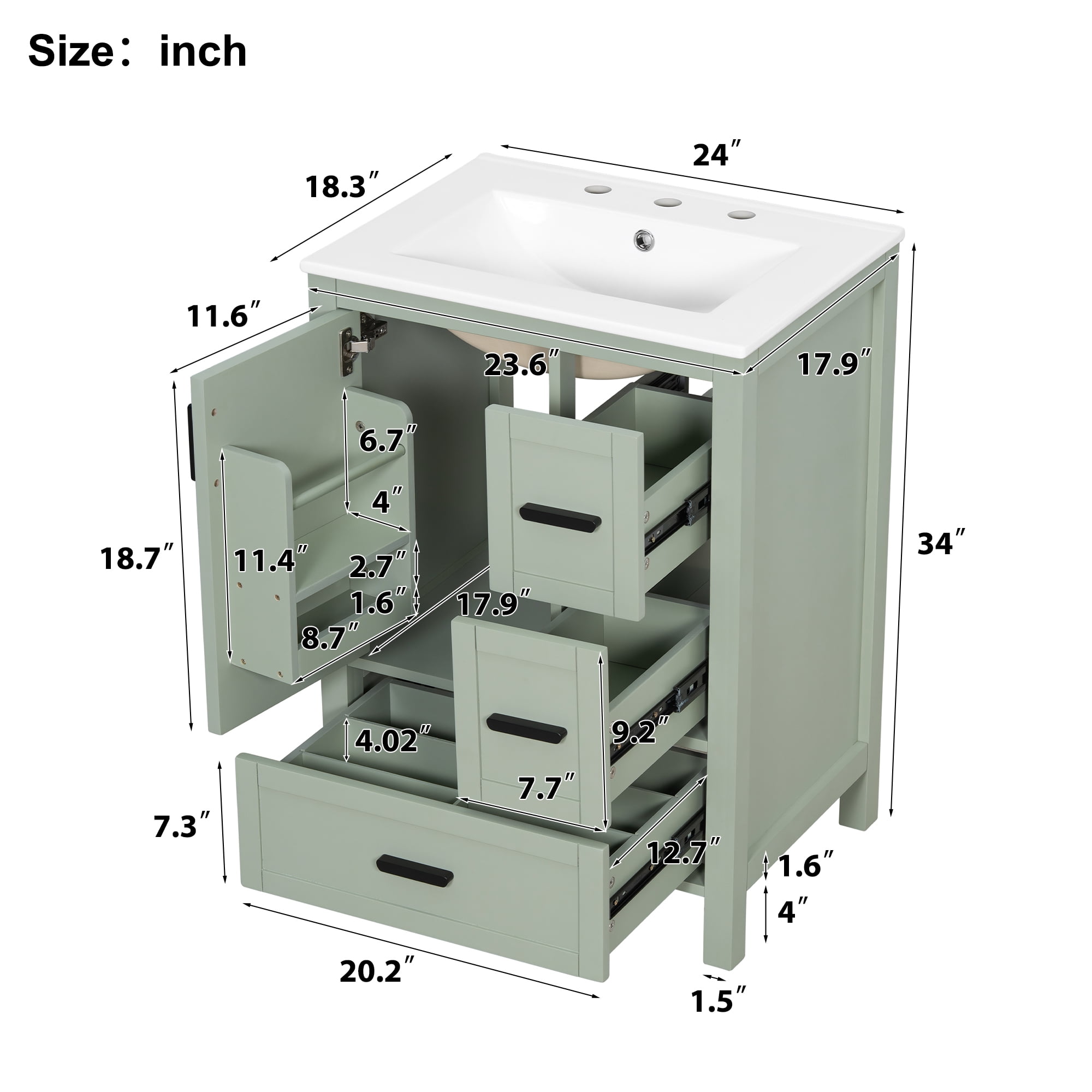 viswild 24" Bathroom Vanity with Ceramic Sink, Soft-Close Door, 3 Drawers & Double Door Shelves for Small Spaces, Green