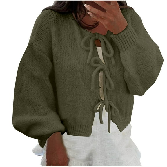 Amidoa Green Sweaters for Women Trendy Cardigan Crop Long Sleeve Solid Bandage Cute Cardigans Womens Cardigans L