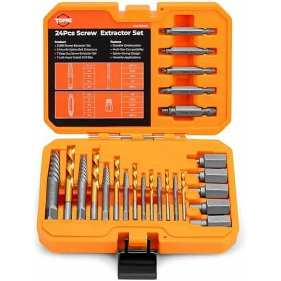 24 Piece Screw Extractor and Left Hand Drill Bits Set, Easy Out Screw Extractor Set with HSS Steel Reverse Drill Bit for Removing Stripped Damaged Broken Screw,Bolts,Nuts