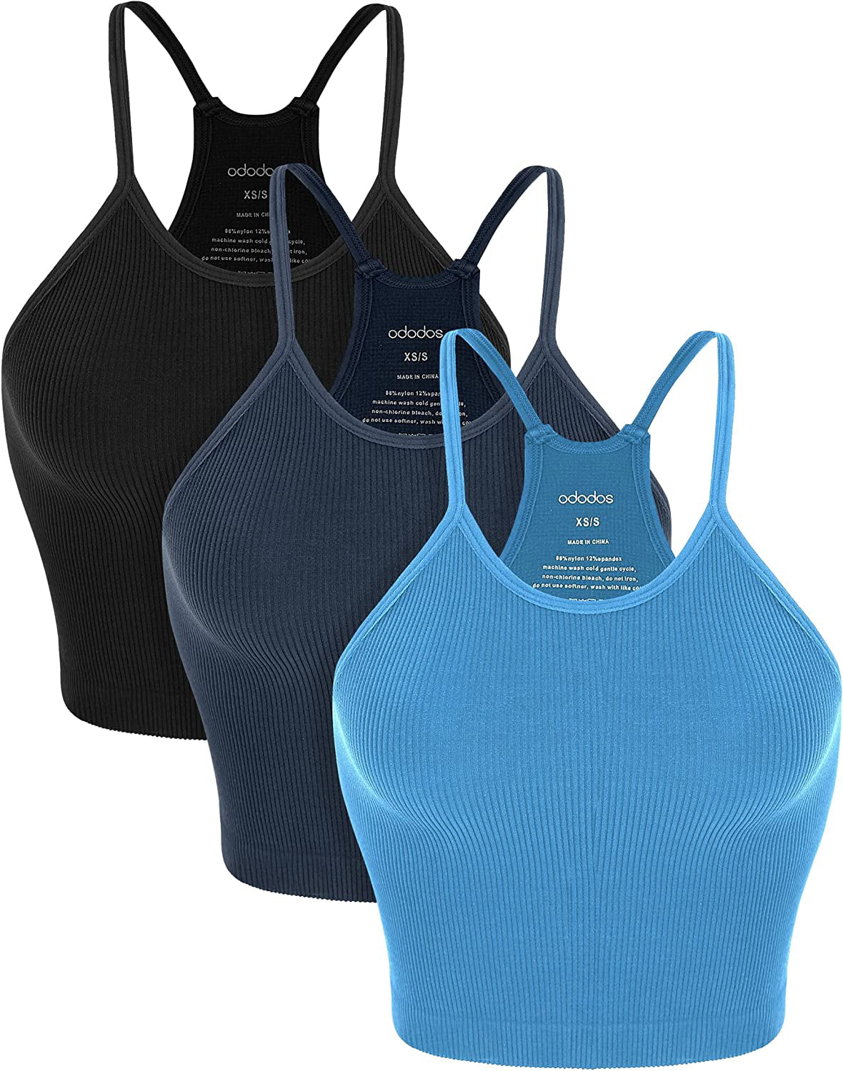 ODODOS Women's Crop 3-Pack Washed Seamless Rib-Knit Camisole Crop Tank Top  