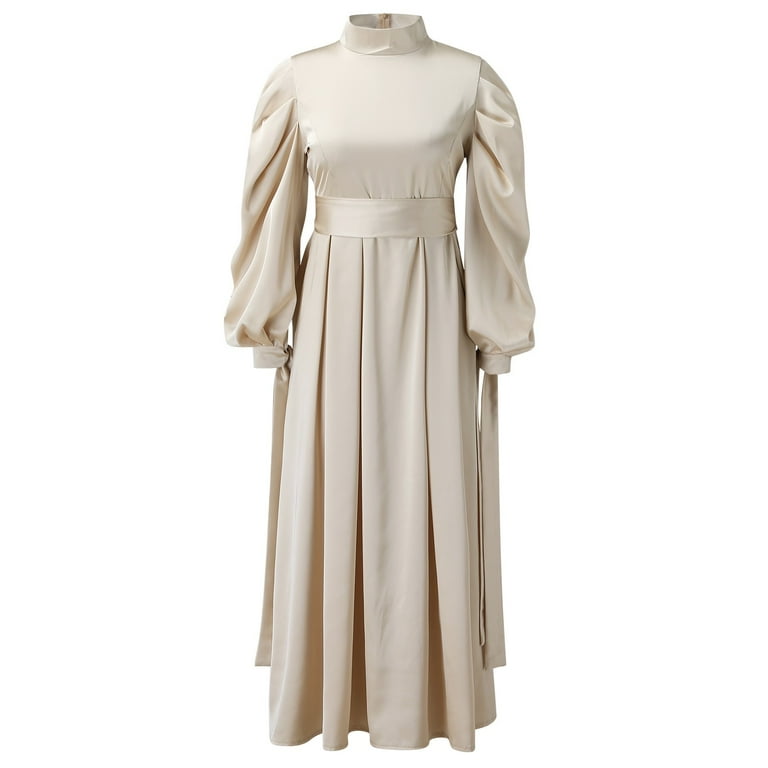Women's Casual Solid Dress - Lantern Sleeve Abaya with Belt, Long Sleeve  Half High Collar A-Line Dress - Walmart.com
