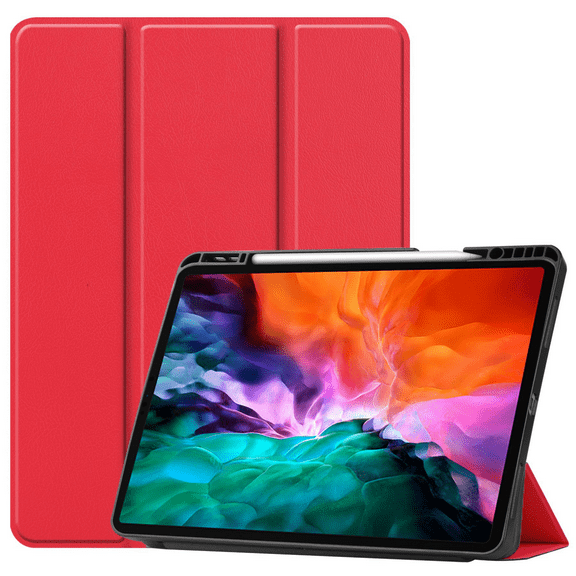 For 2021 5th Gen iPad Pro 12.9" Case, Auto Wake/Sleep Cover, Cover with Pen Holder, Slim Soft TPU Back Smart Tri-Fold Stand (Red)