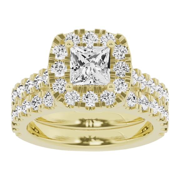 Unique Moments 3 Ctw Lab Grown Princess Halo Diamond Engagement Matching Wedding Ring Set 10K Yellow Gold