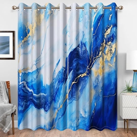 Blue Marble Blackout Grommet Curtains, Modern Abstract Design Printed Light Blue Gold Window Treatments For Home Living Room Bedroom Decor 42"W x 84"L (Pack of 2)