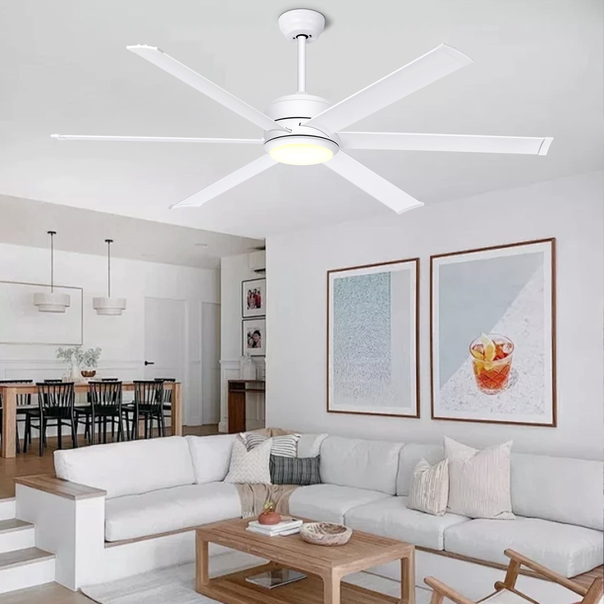 Ohniyou 60" Industrial Ceiling Fan with Lights And Remote, 6 Aluminum Blade Dimmable Farmhouse Indoor Outdoor Ceiling Fan for Patio Living Room, White