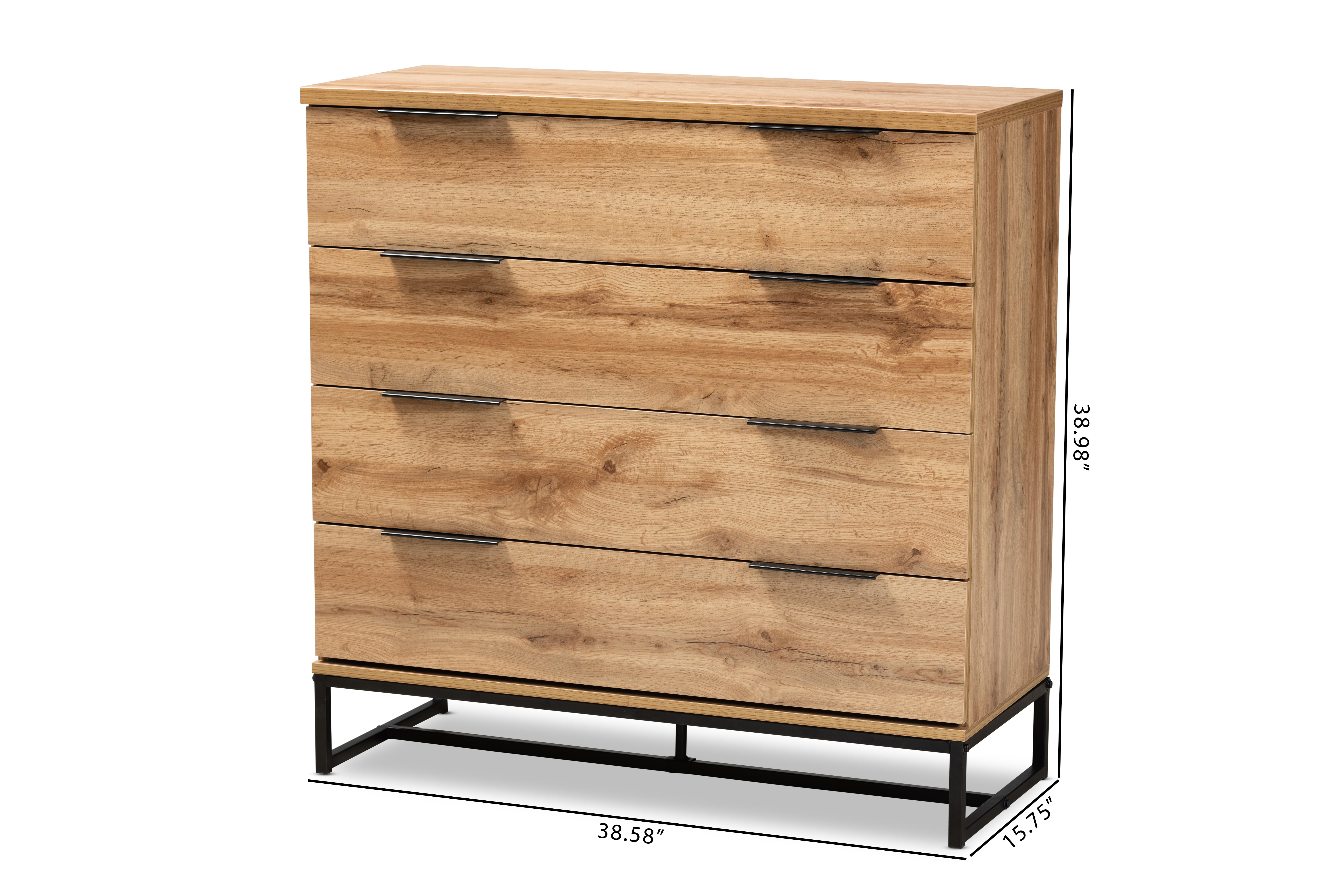 Baxton Studio Reid Modern and Contemporary Industrial Oak Finished Wood and Black Metal 4-Drawer Dresser