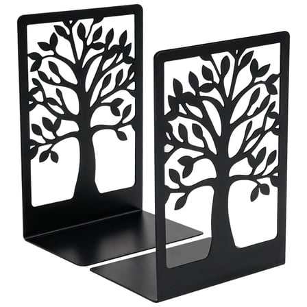 2 Pcs Metal Bookends, Tree Cutout Design Heavy Duty L-Shaped Iron Book Holders, Non-Slip Decorative Shelf Organizer for Office Home Desk