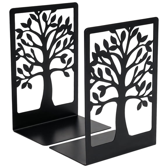 2 Pcs Metal Bookends, Tree Cutout Design Heavy Duty L-Shaped Iron Book Holders, Non-Slip Decorative Shelf Organizer for Office Home Desk