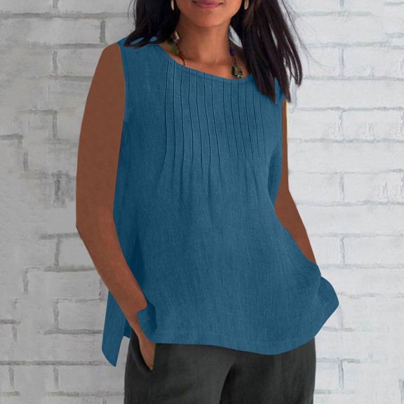 TMOYZQ Women's Tank Tops Sleeveless Tunic Pleated Crew Neck Blouses Summer Dressy Casual Loose Spring T Shirts