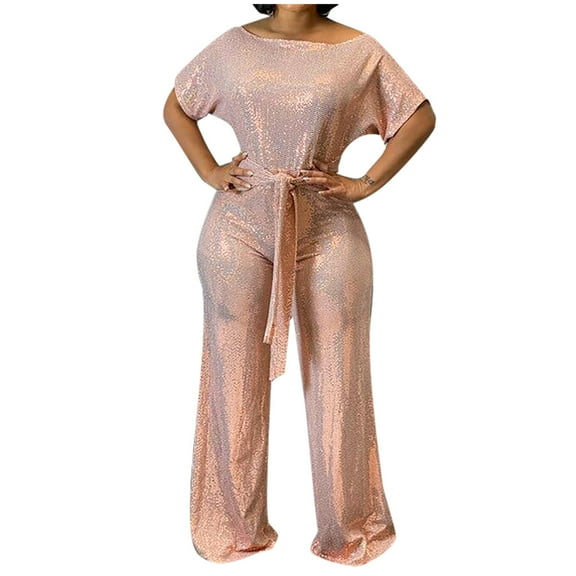 Puntoco Plus Size Women's Banquet Evening Dress Elegant off Shoulder Colorful Bright Jumpsuit Pink 12(XL)