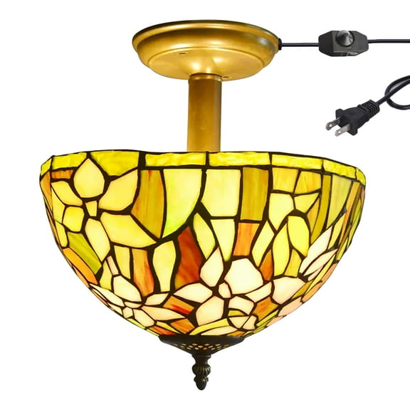 Kiven 11.8in Flush Mount Ceiling Light Fixture Dimmable, 2-Light Anti Glare Close to Ceiling Light with 15FT Plug-in Cord, Tiffany-Style Glass Chandelier for Bedroom Kitchen Hallway(No.3195)