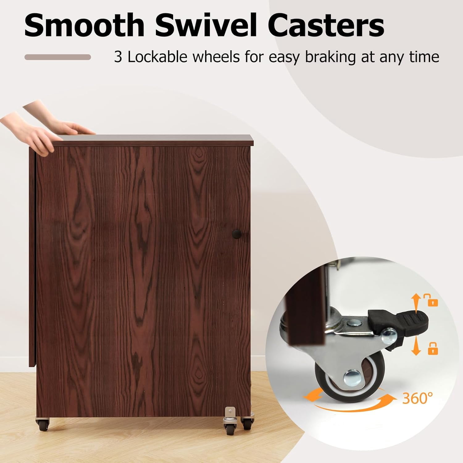 Sewing Machine Table with Charging Station, Folding Sewing Cabinet w/Lockable Casters, 3-Tier Shelf, Middle Rack, Magnetic Door, Small Sewing Desk for Home Apartment, Studio (Brown)