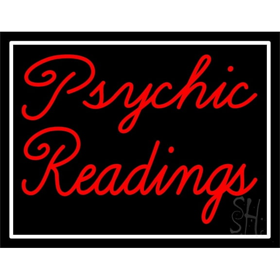 Red Cursive Psychic Readings With White Border LED Neon Sign 24" Tall x 31" Wide - inches Black Square Cut Acrylic Backing, with Dimmer - Bright and Premium built indoor LED Neon Sign for Storefront.