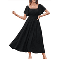 thumbnail image 2 of Women'S Summer Short Sleeve Square Neck Smocked Waist Casual Vacation Tiered Flowy Maxi Dress Black XL, 2 of 6