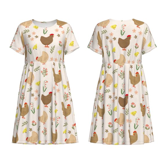 Horeoi Chicken Family Print Women's Short Sleeve Dress Breathable Polyester-Spandex All-Over Print A-Line Side Pockets Elastic Waist