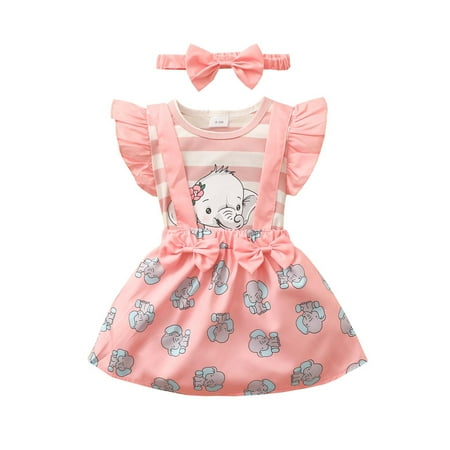 

IROINNID 3-Pieces Girls Striped Elephant Romper Suspender Bow Pretty Skirt Suit