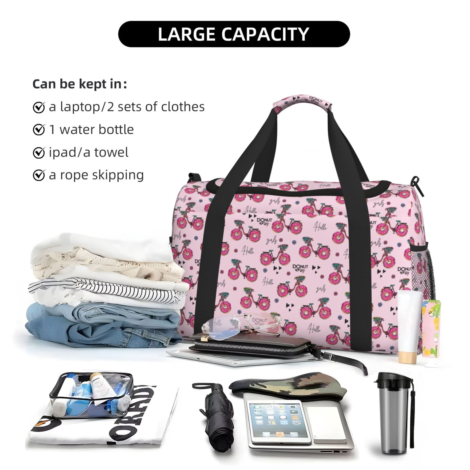 Rateoe Bike with Donut Wheels Pattern Gym Bag for Women, Duffle Bag for Travel with Wet Pocket, Carry on Weekender Bags for Women, Water Resistant Travel Bag Duffel Bag