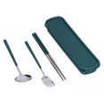 thumbnail image 4 of Juego de 3 piezas de vajilla de acero inoxidable con pintura, palillos, cucharas y tenedores para cocina y oficina, color verde y plateado., 4 of 14