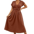 thumbnail image 2 of Dolkfu Petal Women'S Dresses Pull-on Brown V-Neck Short Sleeve Faux-Wrap Solid Long Romance Relaxed Fit Dresses Brown,S, 2 of 5