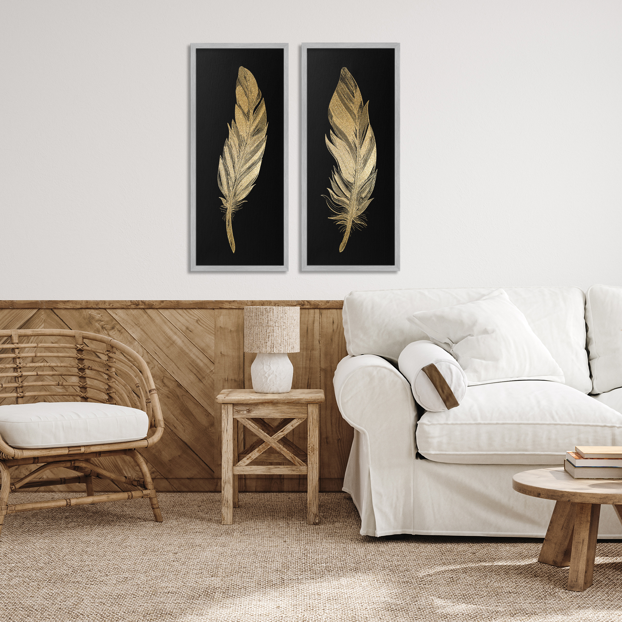 Glam Detailed Feather 2 Piece Gray Framed Giclee Art Set, design by Kim Allen