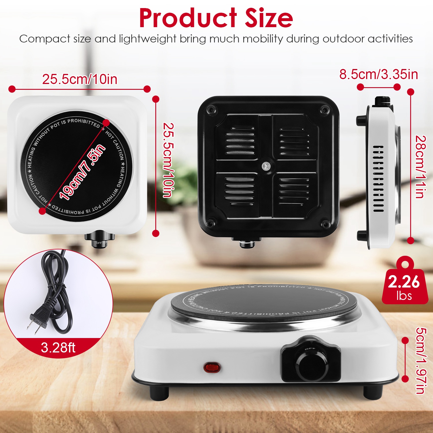 Moclever 1000W Electric Hot Plate, Electric Infrared Single Burner Portable Countertop Burner with 7.5” Glass Cooktop Stepless, White
