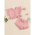 thumbnail image 3 of Suealasg 2Pcs Kids Baby Girl Summer Clothes 6M 1T 2T 3T 4T Toddler Girl Casual Beach Outfits Fly Sleeve Button Down Ruffled Tops Bow Elastic Waist Shorts Set, 3 of 6