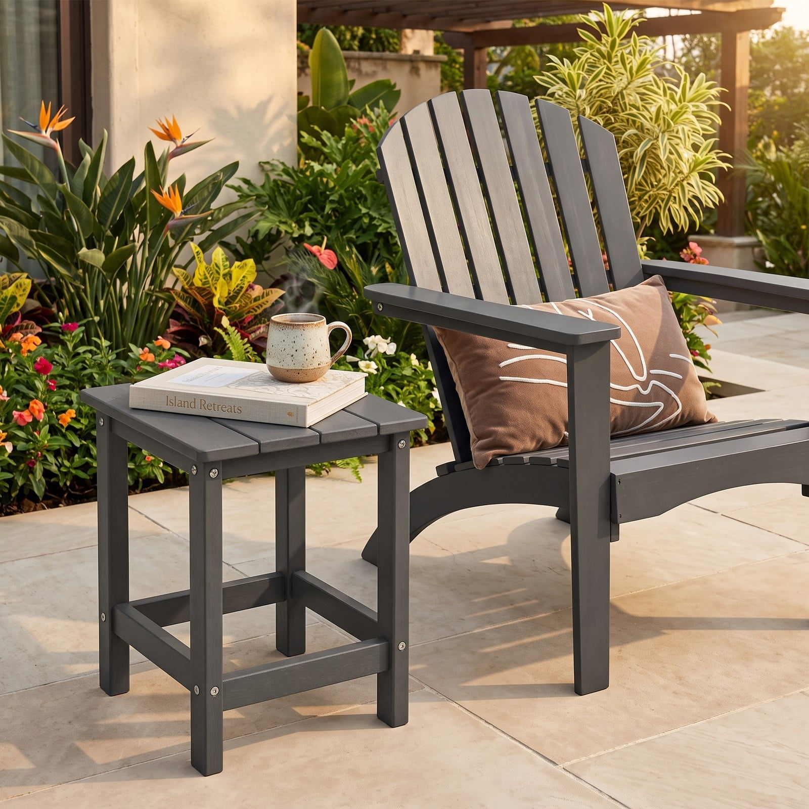 Furnibear Set of 2 14 Inch Square Weather Resistant HDPE Adirondack Side Tables for the Patio Porch Deck and Garden, Gray