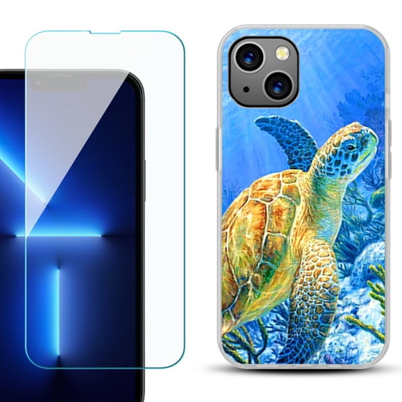 Slim-Fit TPU Phone Case for iPhone 14 Plus, with Tempered Glass Screen Protector, by OneToughShield ® - Sea Turtle