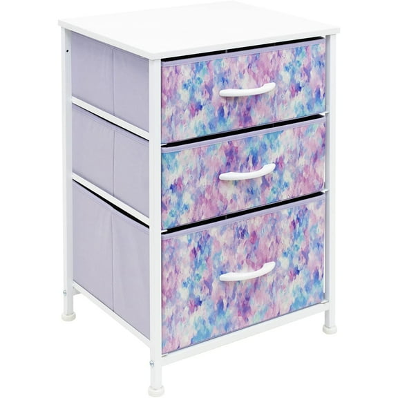 Sorbus Nightstand Storage Organizer with 3 Drawers - Kids Girls, Boys Bedroom Furniture Storage Chest for Clothes, Closet Organization - Steel Frame, Wood Top, Tie-dye Fabric Bin (Blue/Pink/Purple)