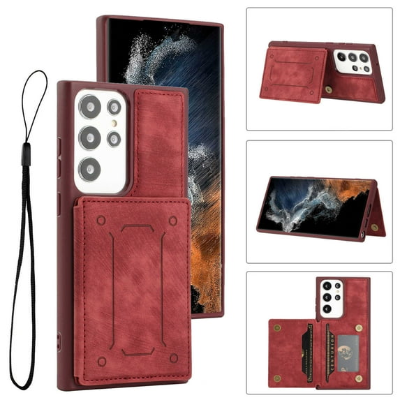 for Galaxy S23 Ultra Wallet Case with RFID Blocking Card Holder,Premium PU Leather Double Magnetic Buttons Stand Flip Wrist Lanyard Strap Back Cover Case for Samsung Galaxy S23 Ultra,Red