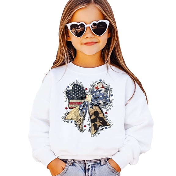 Honor the Brave Sweatshirt for Women, Teens & Girls Patriotic Coquette Bow Pullover White Sweatshirt Youth Medium