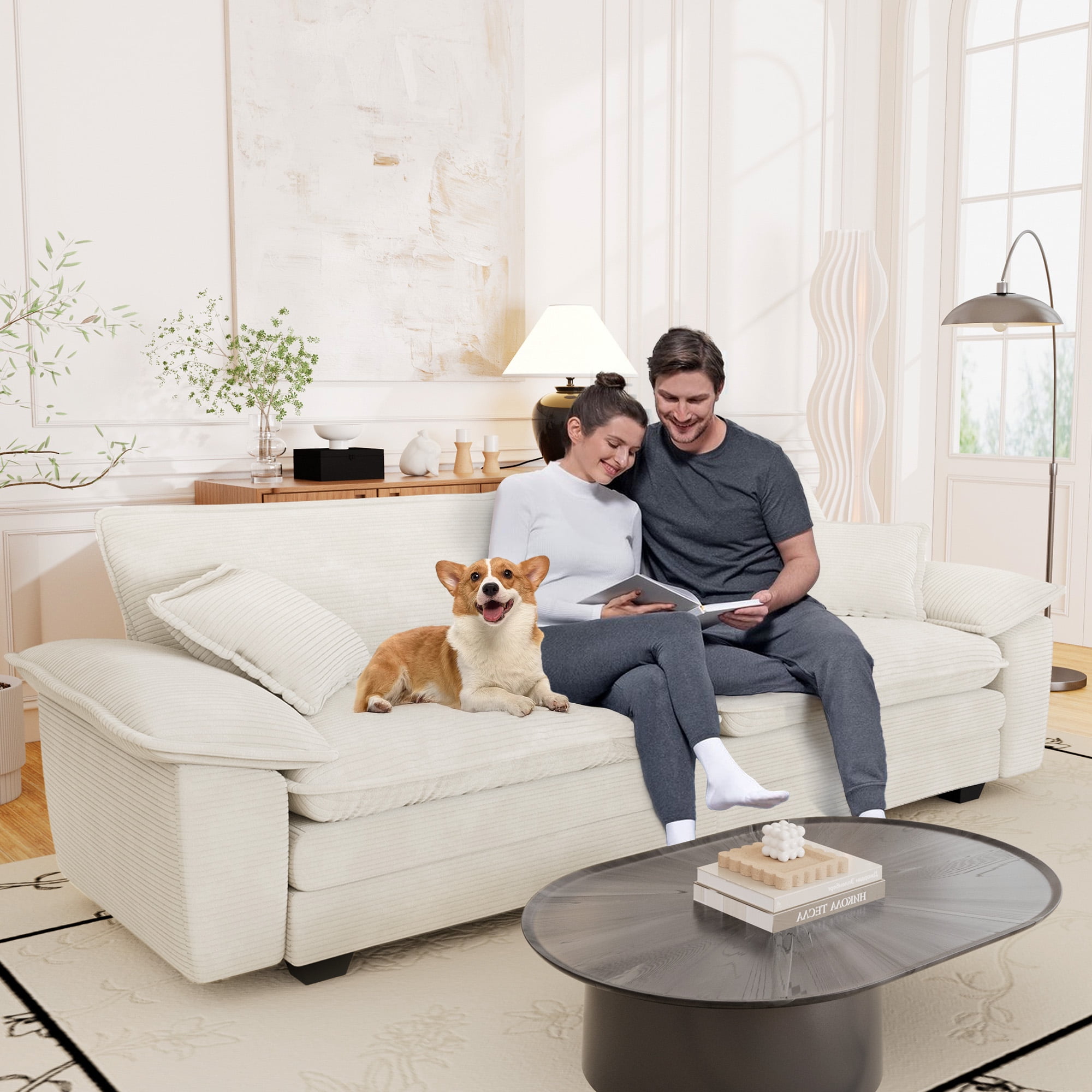 Muumblus 80.5" Corduroy Loveseat Sofa, Oversized Upholstered 2-Seater Plush Cloud Couch for Living Room/Apt, White
