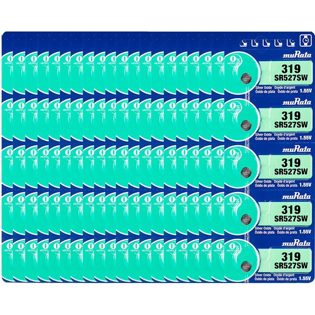 Murata 319 SR527SW Battery 1.55V Silver Oxide Watch Button Cell (100 Batteries)