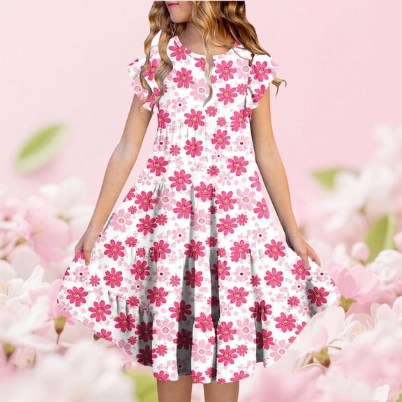 LJEFF Girls Floral Dresses with Pockets, Cute Casual Short Sleeve Ruffle Kids Summer Midi Dresses Multicolor Size 6
