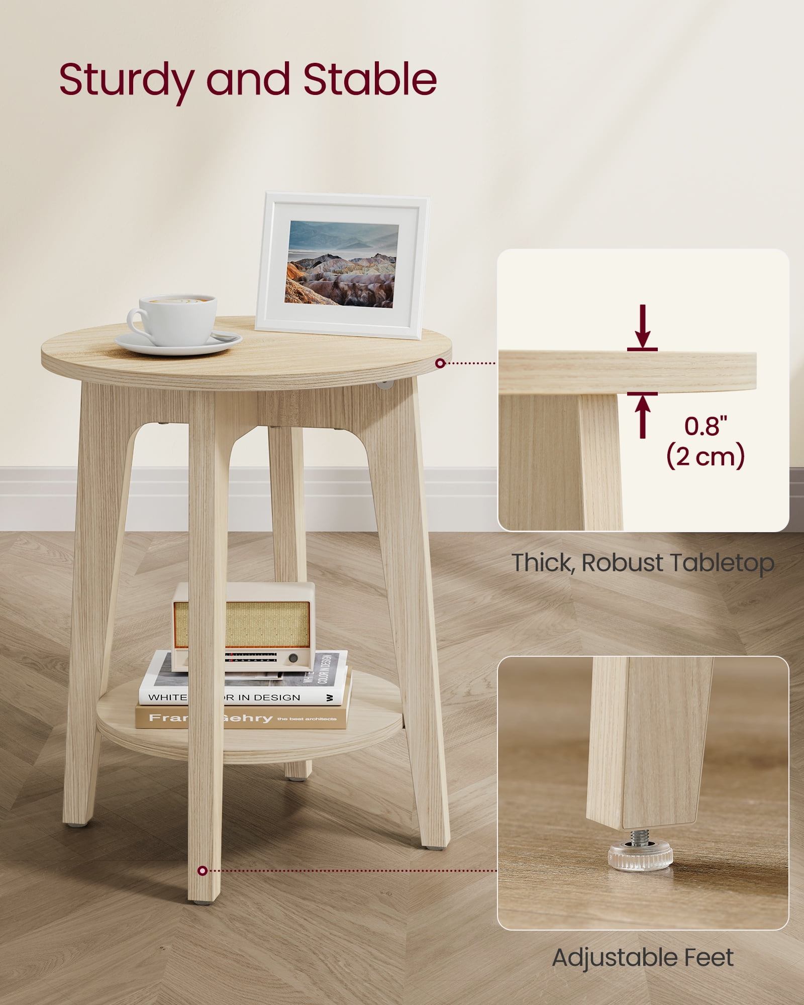 Natural Beige Small Round End Table. Features a Lower Shelf, Perfect as a Nightstand for Small Spaces in Living Rooms or Bedrooms.