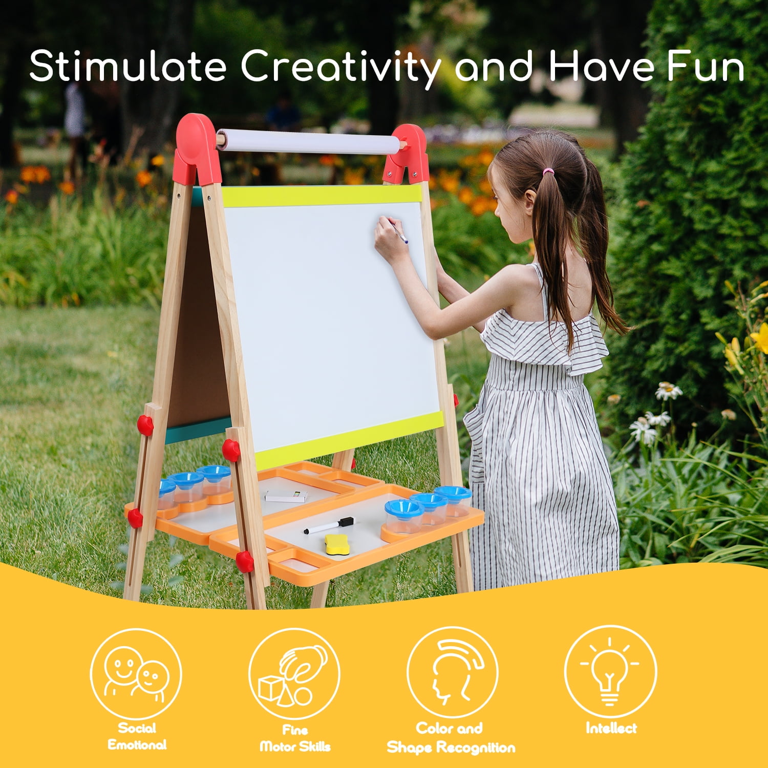 Beipoo Kids Art Easel with Paper Roll, Foldable Wooden Easel for Toddlers, All-in-one Painting Easel for 2-12 Years Children, Adjustable Drawing Station with Chalkboard & Magnetic Whiteboard