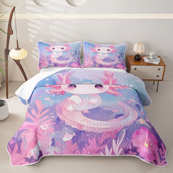 Homewish Cartoon Axolotl Twin Quilt Set For Kids Girls,Dreamy Underwater World Twin Coverlet Set,2-Piece