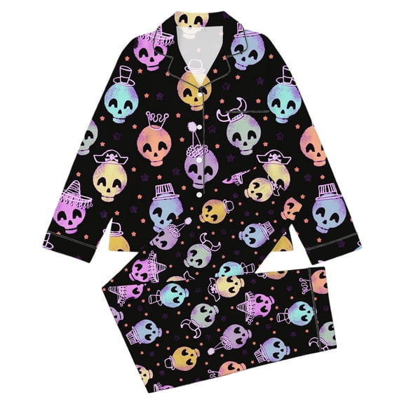 WOYY Girls Halloween Long Sleeve Pajamas with Allover Print Kids Nightwear, Sizes 3-14