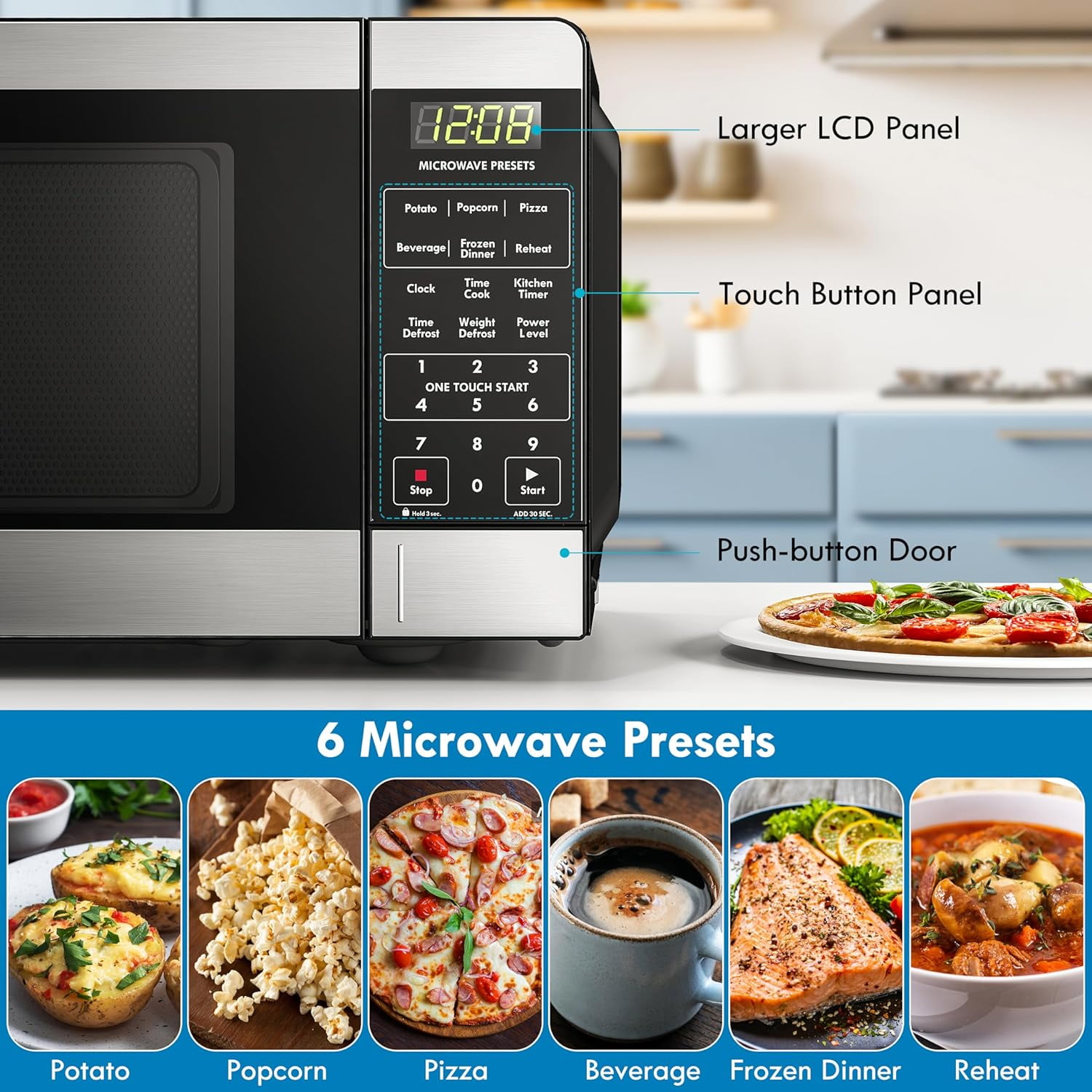 JOY Kitchen Compact Countertop Microwave Oven with LED Display, 6  Auto-Preset Menus, Child Lock, Defrost & Express Cooking Features, 0.7 Cu.  Ft. 700W
