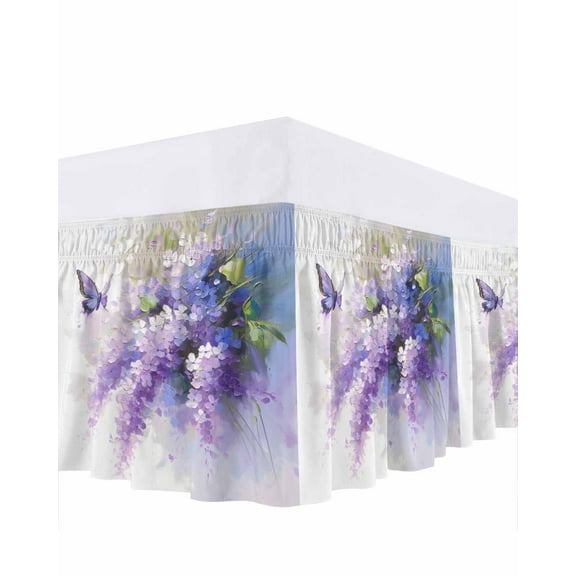 Oil Painting Bed Skirt Art Purple Lavender Butterfly Bed Skirts King Size 18 Inch Drop, Wrap Around Dust Ruffle Bedskirt with Adjustable Elastic Belt for Queen Size Beds