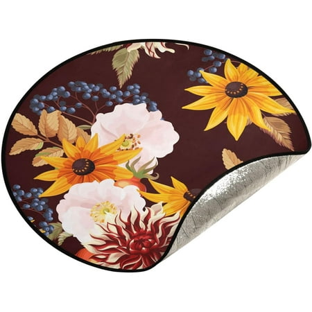 

Hyjoy Autumn Sunflower Christmas Tree Mats Waterproof Tree Skirt Fall Flower Vintage Xmas Tree Stand Tray Mat Floor Protector Pad for Holiday Party Decoration 28.3in